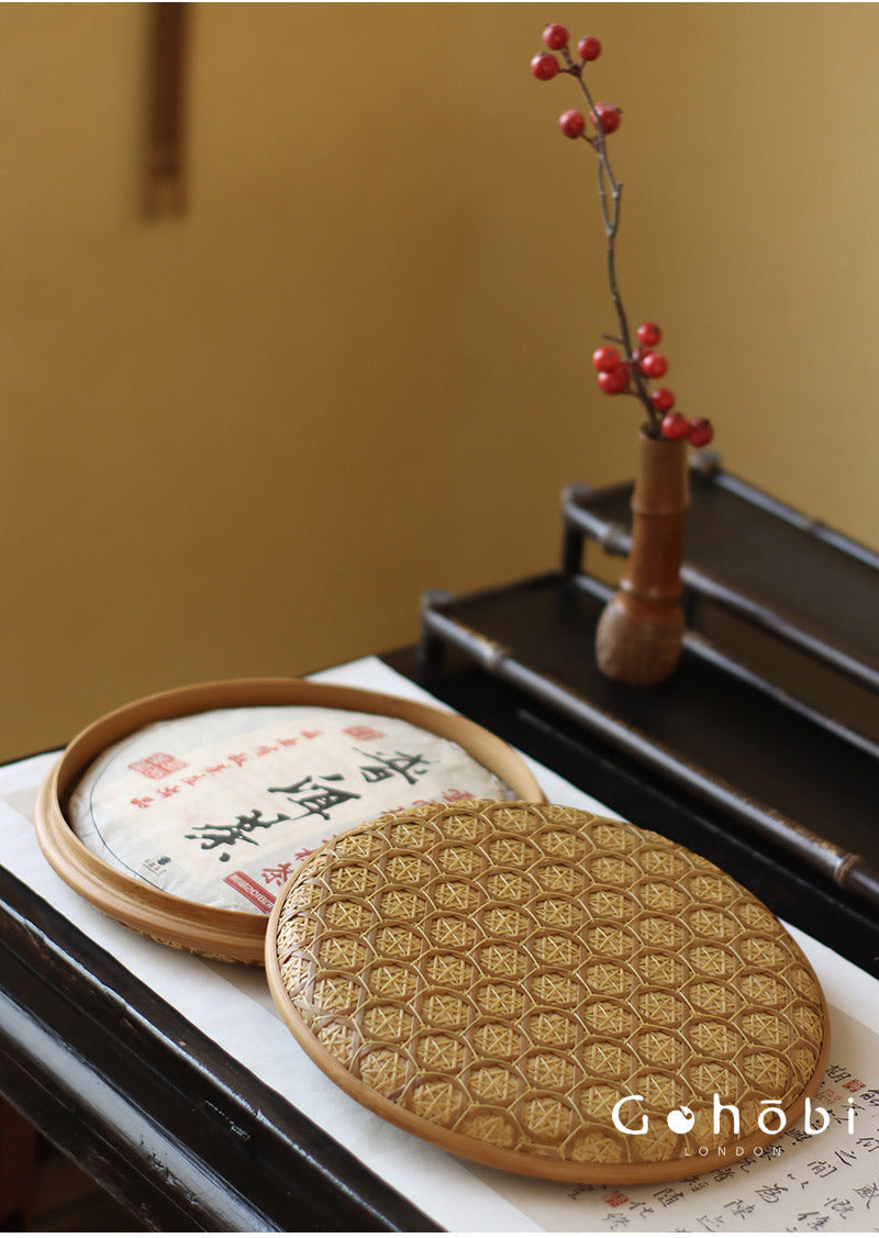 Gohobi Handmade Bamboo Woven Pu'er Tea Box – Retro Chinese Tea Cake Storage Box for Qizi Cake Collection
