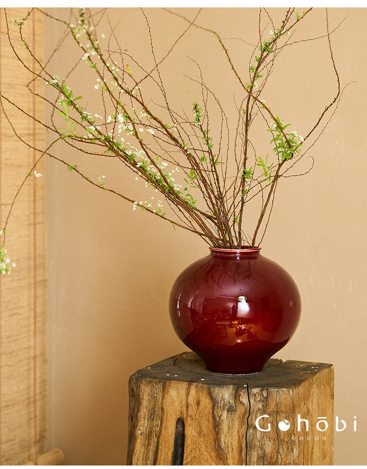 Gohobi Jingdezhen Lang Hong Red Ceramic Vase – Handmade Large Round Flower Arrangement Vase