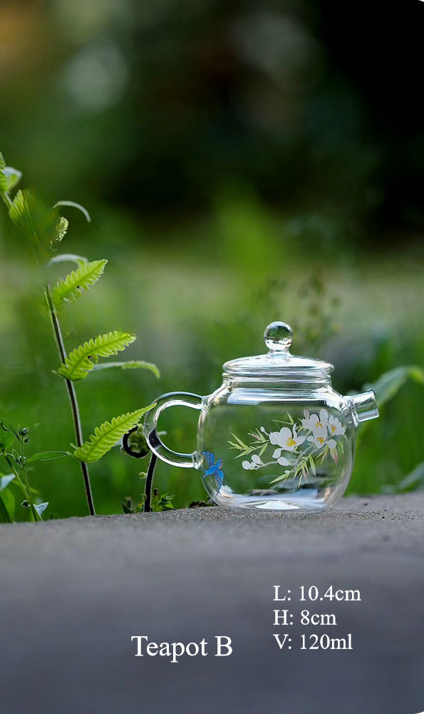 Gohobi Handmade Floral and Bird Glass Pattern Tea Cup Pitcher Teapot