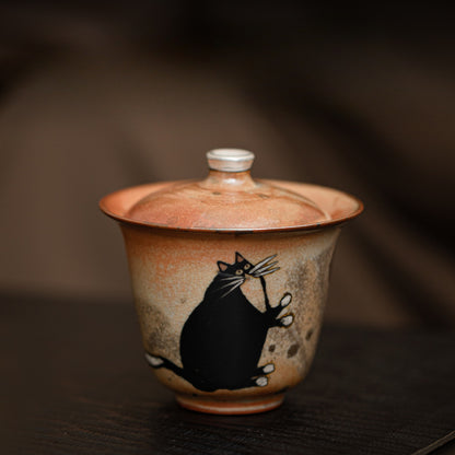 Gohobi Handmade Black Ink Hand-painted Cat Gaiwan 010