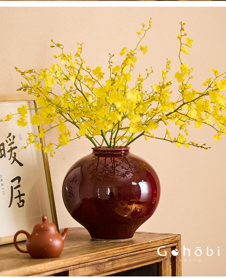 Gohobi Jingdezhen Lang Hong Red Ceramic Vase – Handmade Large Round Flower Arrangement Vase