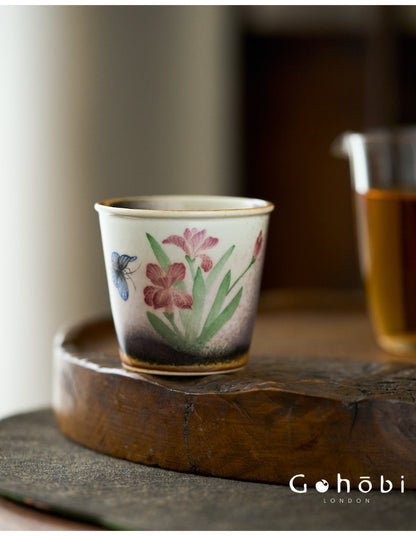 Gohobi Jingdezhen Hand-Painted Iris Teacup – Ceramic Gongfu Tea Master Cup Kiln Glaze