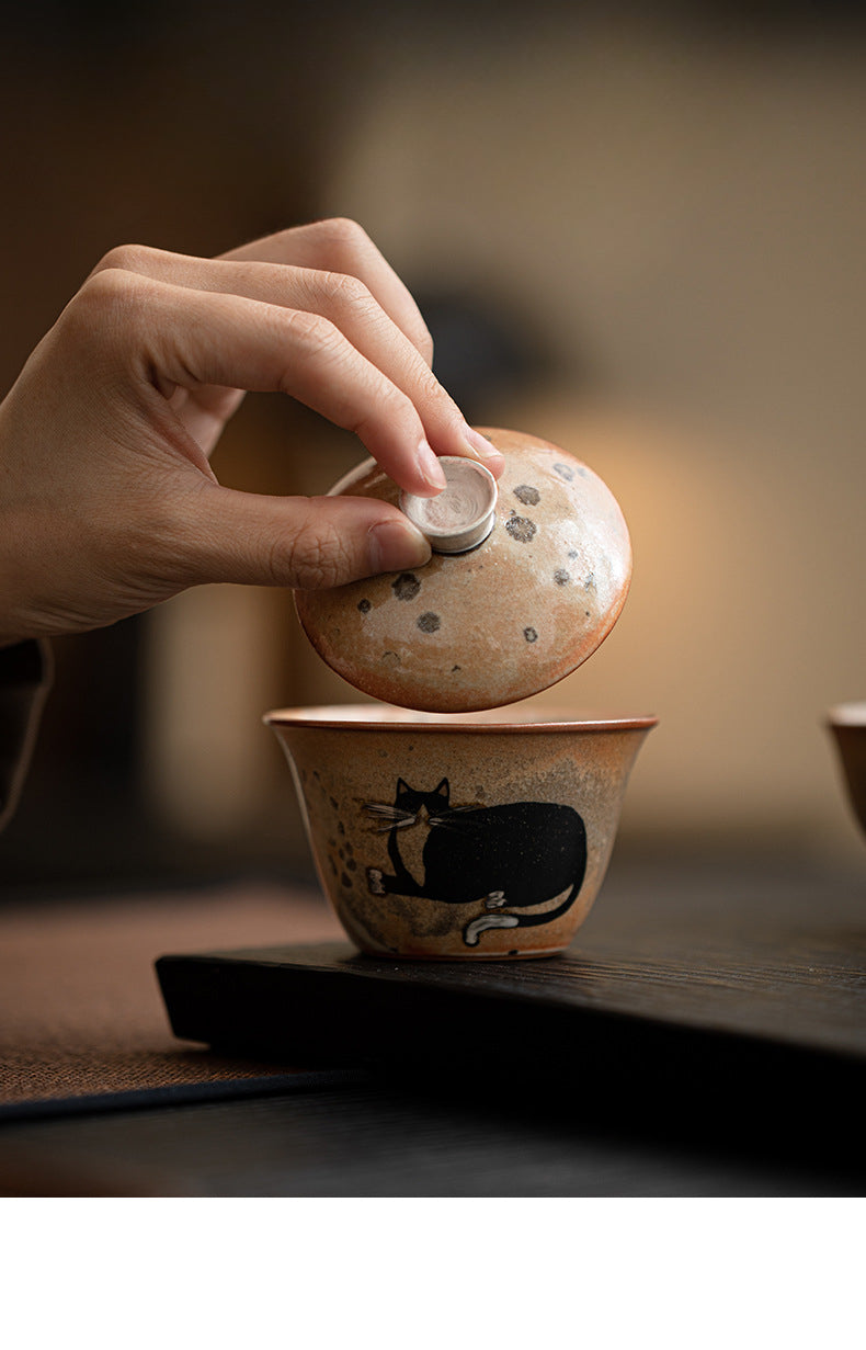 Gohobi Handmade Black Ink Hand-painted Cat Gaiwan 007