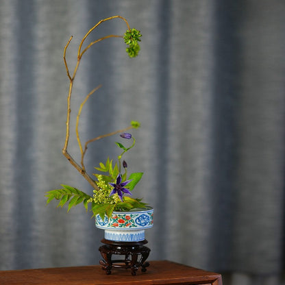 Gohobi Japanese Ikebana High-Foot Ceramic Bowl – Retro Floral Arrangement Vessel