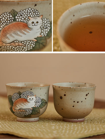 Gohobi Hand-painted Cat Hydrangeas Ceramic Tea Cup