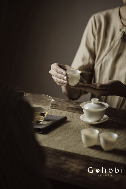 Gohobi Handmade White Jade Porcelain Gaiwan – Thin Porcelain Tea Bowl with Saucer