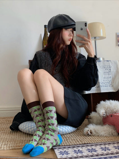 Gohobi Spring Summer Embossed Geometric Mid-Calf Socks