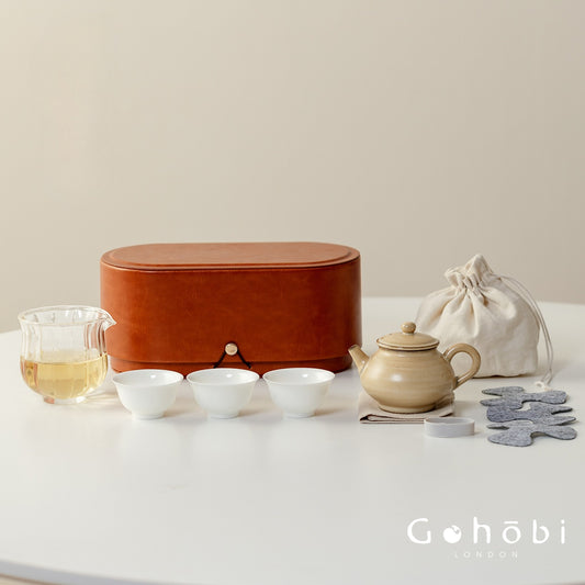 Gohobi Portable Gongfu Tea Set – Luxury Travel Tea Set Teapot & Three-Cup Set with Leather Case