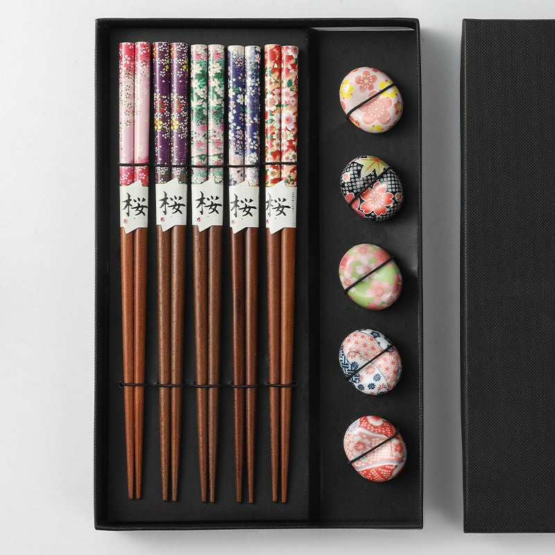 Gohobi A Set of 5 Pairs of Japanese Cherry Blossom Wooden Chopsticks and Rests