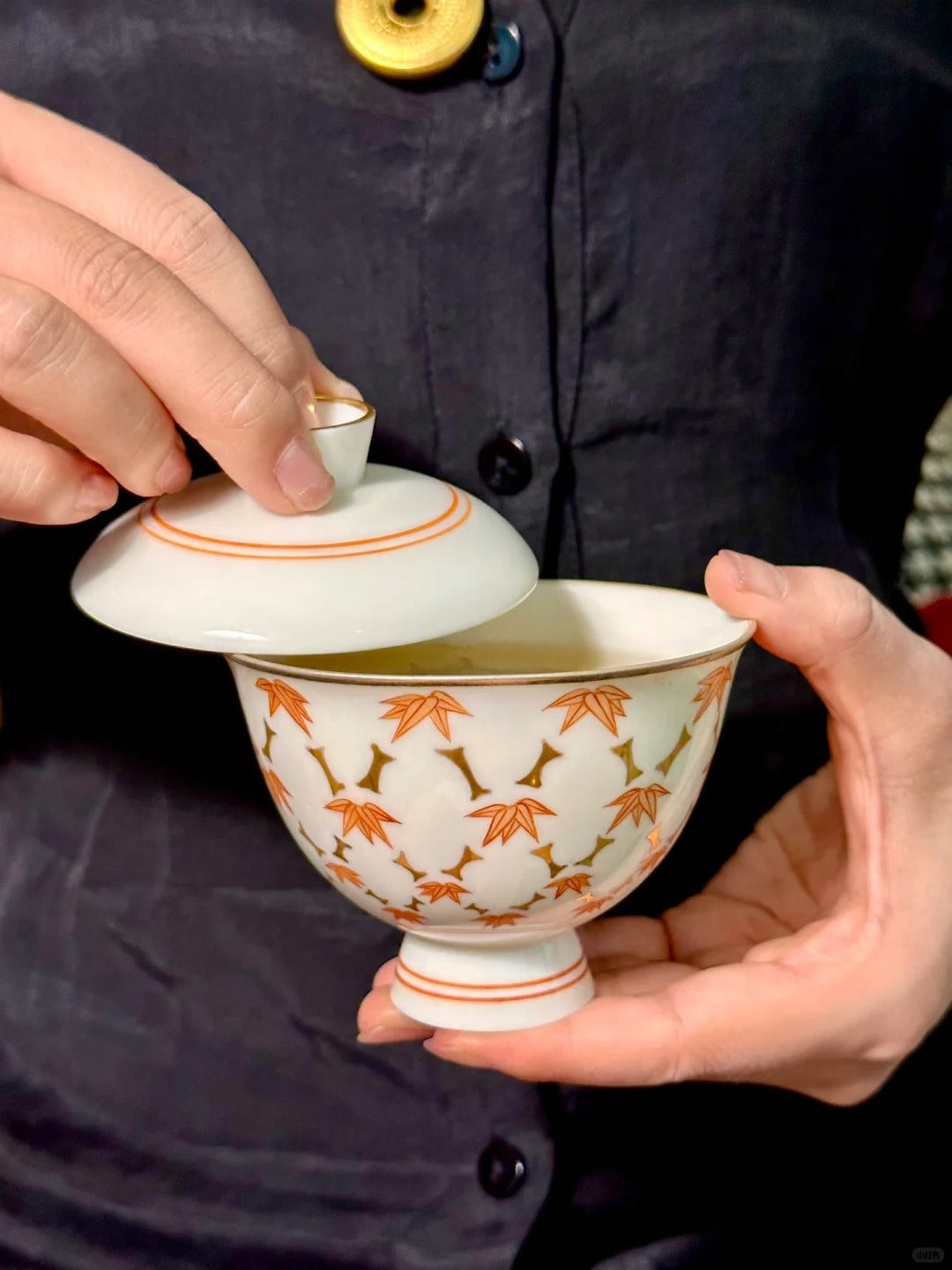 [清和堂 x Gohobi Gallery] Hand-painted Golden Hand-painted Bamboo Leaf Pattern Tea Gaiwan Teapot