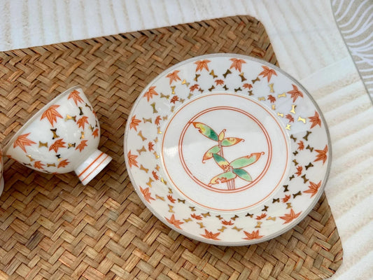 [清和堂 x Gohobi Gallery] Hand-painted Golden Red Orange Bamboo Leaf Tea Coffee Saucer Plate