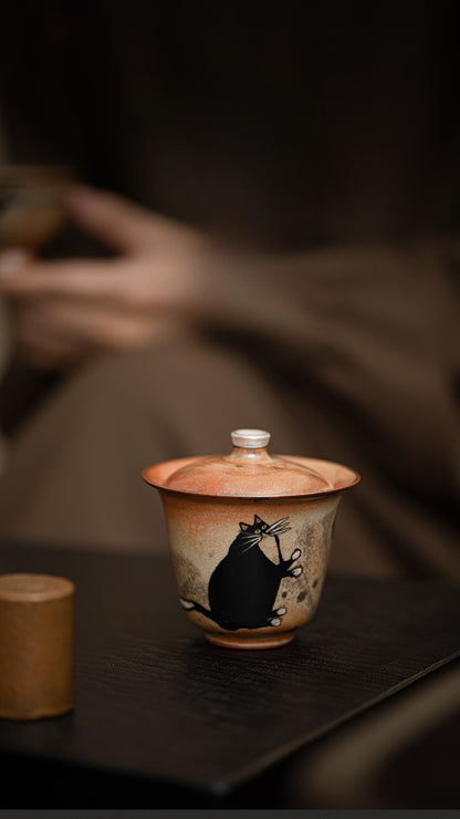 Gohobi Handmade Black Ink Hand-painted Cat Gaiwan 010