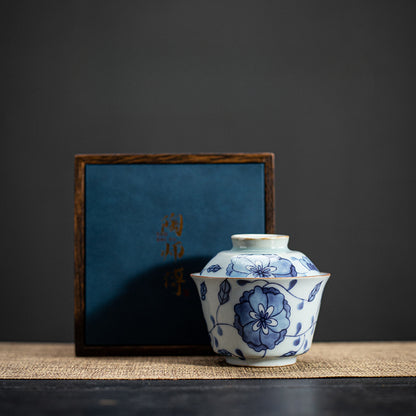 Gohobi Blue and White Lotus Large Size Gaiwan with Tray