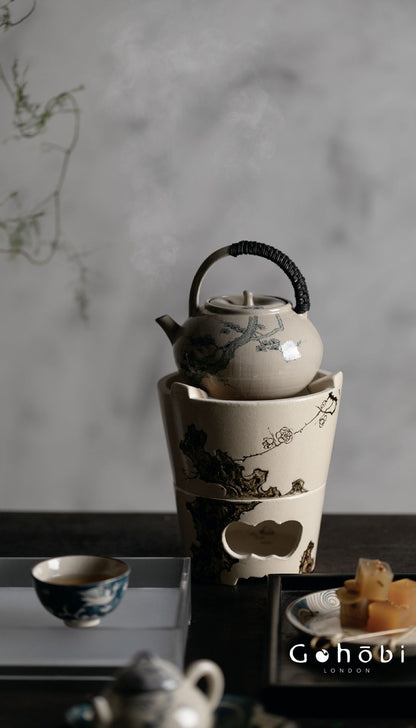 Gohobi Outdoor Portable Blue & White Teapot – Rattan Beam Open Flame Brewing Kettle (400ml)