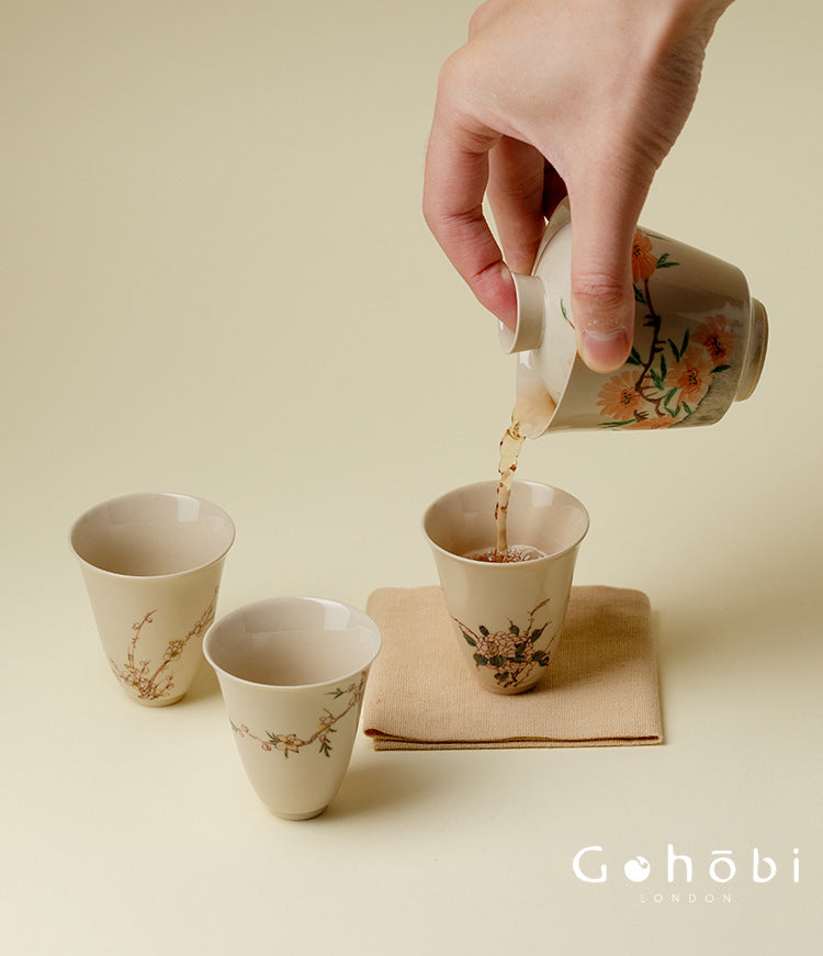 Gohobi Wood Ash Glaze Travel Tea Set – Hand-Painted Gaiwan Tea Set with Leather Case