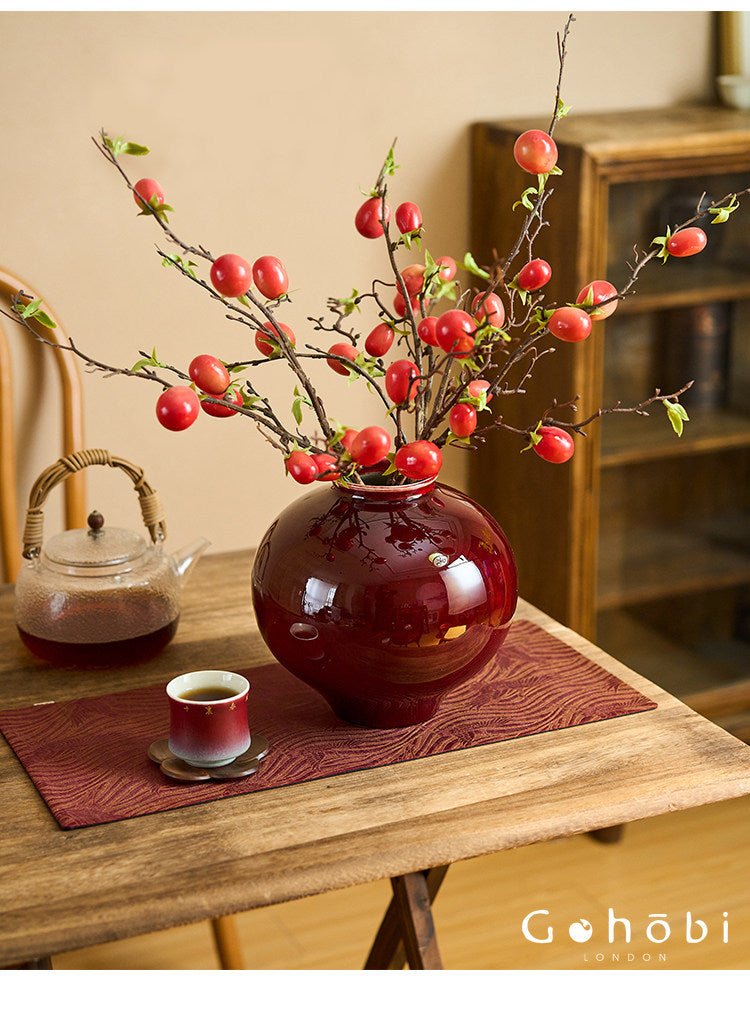 Gohobi Jingdezhen Lang Hong Red Ceramic Vase – Handmade Large Round Flower Arrangement Vase