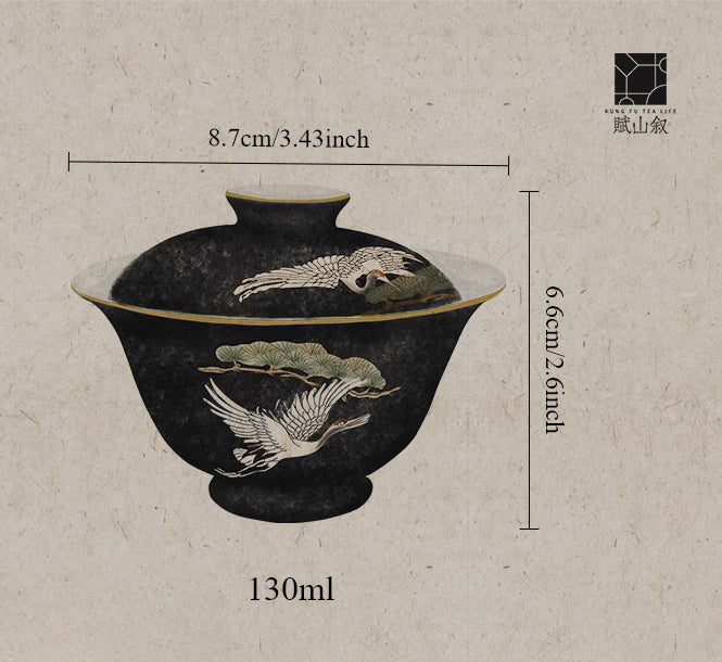 [賦山敘 x Gohobi] "Dai Mo Pine & Crane" Hand-Painted Pastel Gaiwan – Heat-Resistant Ceramic Gongfu Tea Bowl
