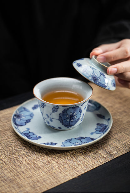 Gohobi Blue and White Lotus Large Size Gaiwan with Tray