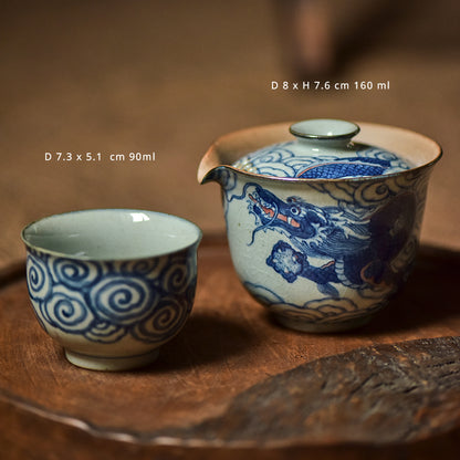 Gohobi Hand-painted Vintage Style Blue and White Dragon Gaiwan  Hohin Teapot