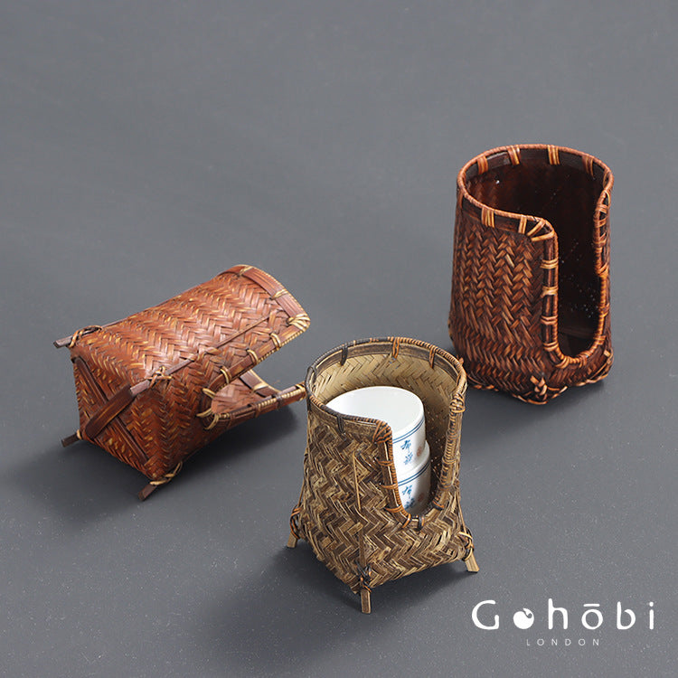 Gohobi Bamboo Woven Tea Cup Holder Basket – Zen Style Tea Set Storage Tube & Chopstick Basket