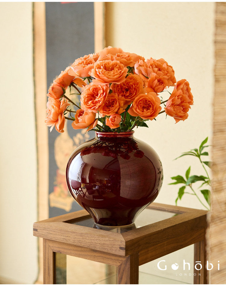Gohobi Jingdezhen Lang Hong Red Ceramic Vase – Handmade Large Round Flower Arrangement Vase