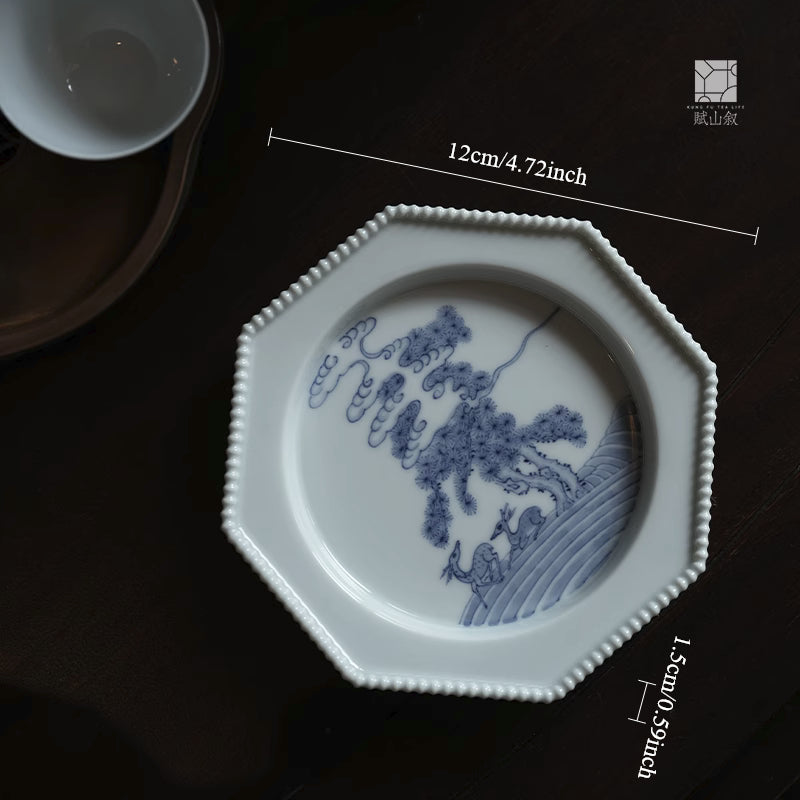 [賦山敘 x Gohobi] “High Mountain Deer” Blue and White Octagonal Tea Tray – Ceramic Pot Base for Gaiwan & Yixing Teapots