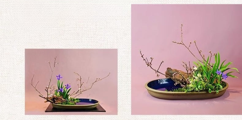 Gohobi Extra Large Oval Ikebana Bowl – Japanese Ceramic Flower Arrangement Vessel
