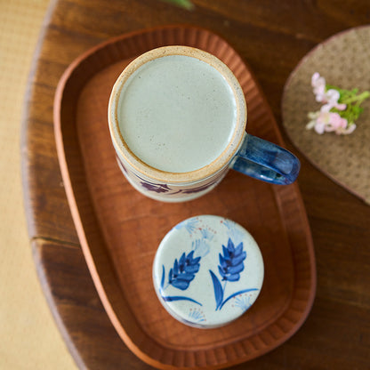 Gohobi Hand-Painted Blue and White Rabbit Mug with Lid Cup