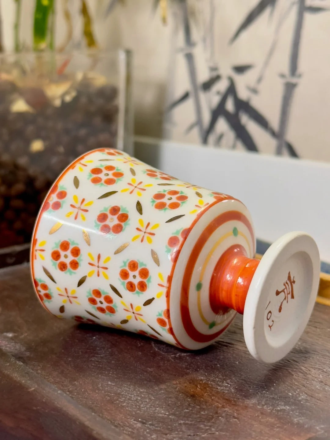 [清和堂 x Gohobi Gallery] Hand-painted Golden Red Orange Lotus Tea Cup with Stem