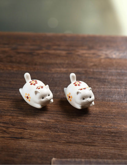 Gohobi Yixing Purple Clay Flower Cat Tea Pet – Handmade Lucky Cat Ornament