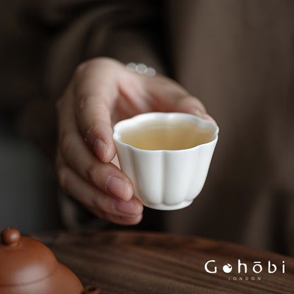 Gohobi Handmade White Porcelain Teacup – Thin Porcelain Flower Rim Gongfu Master Cup