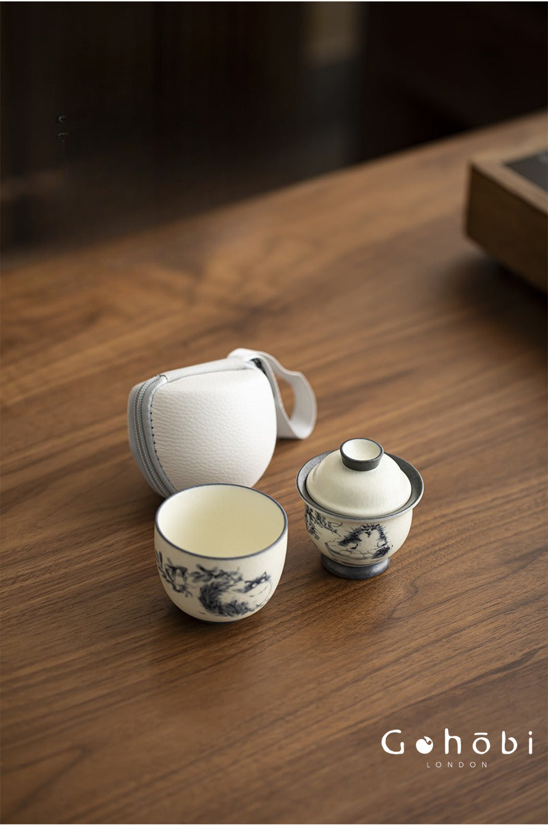 Gohobi Cute Cat Ceramic Travel Tea Set – Portable Gaiwan Tea Cup Set for One