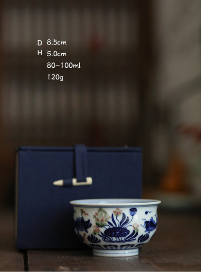 Gohobi Hand-painted Wood-fired Red, Blue and White Fish Yongle Hand-pressed Tea Cup