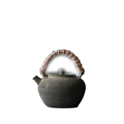 Gohobi Old Rock Mud Charcoal Teapot – Pure Handmade Coarse Pottery Kettle with Bamboo & Copper Beam (600ml)