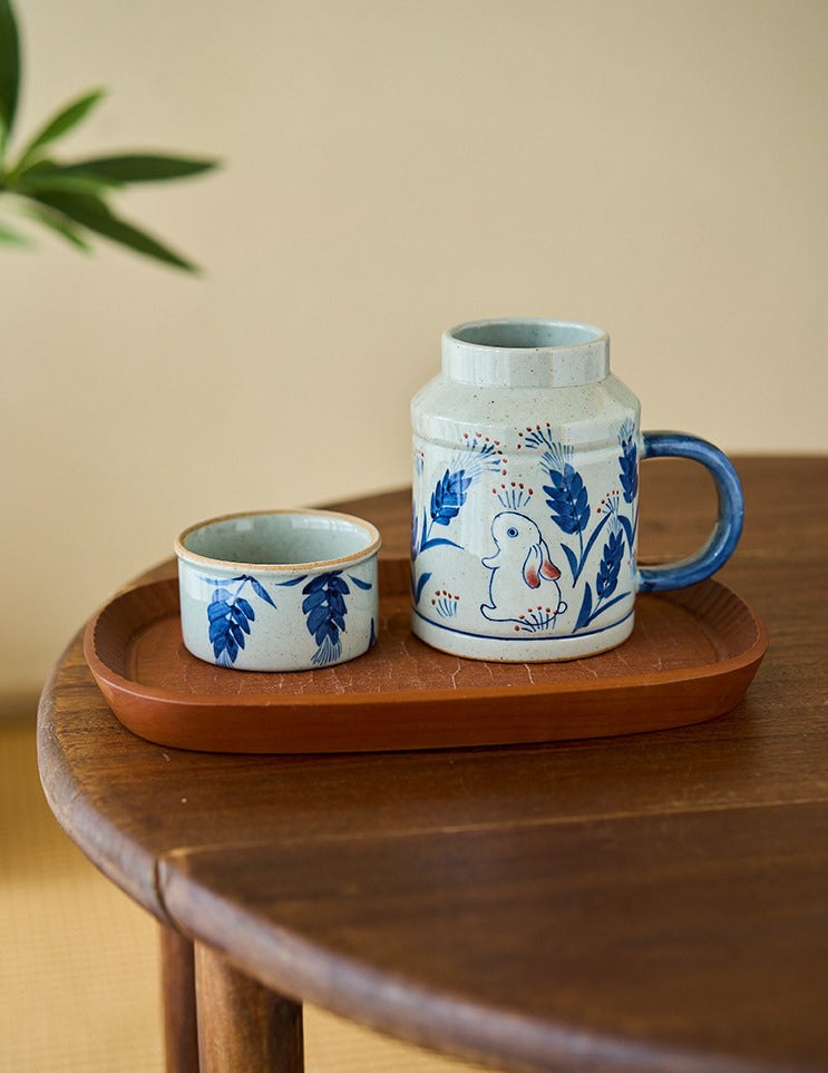 Gohobi Hand-Painted Blue and White Rabbit Mug with Lid Cup