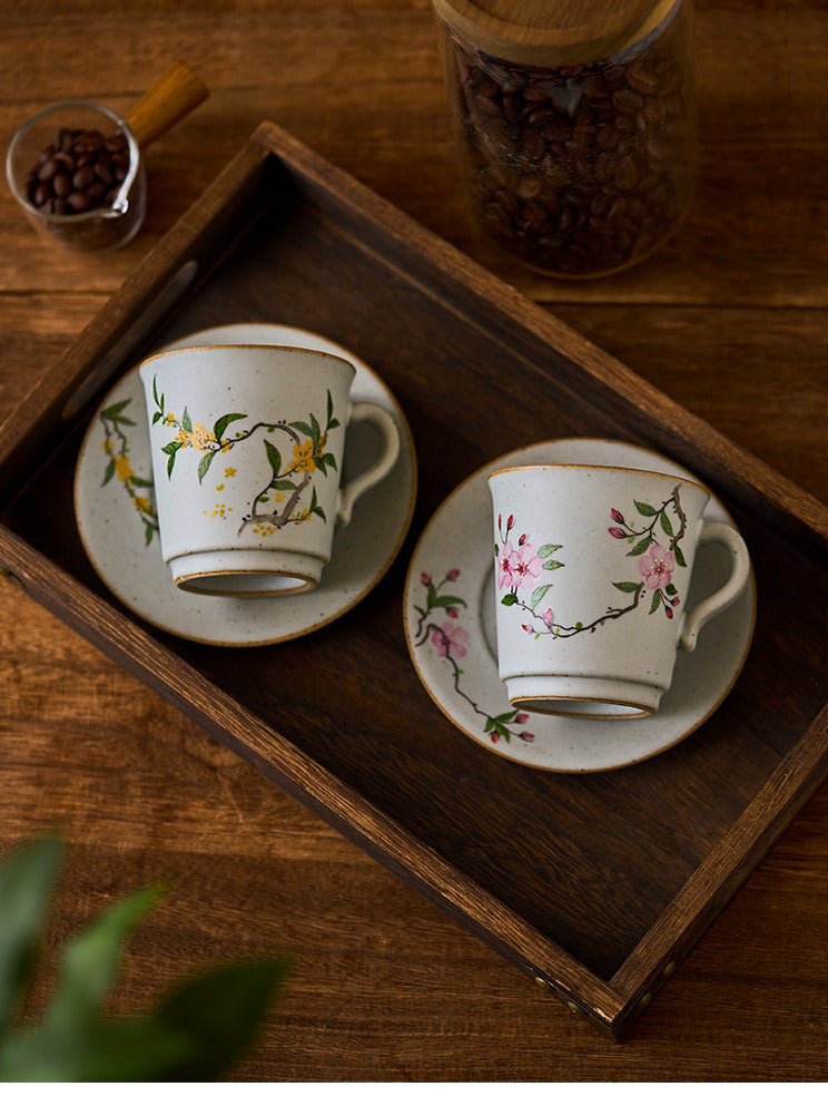 Gohobi Handmade Vintage hand-painted Floral Japanese Stoneware Coffee Mug and Saucer Set