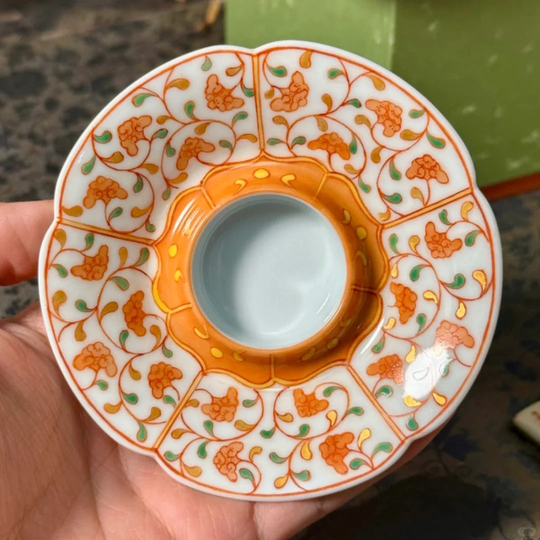 [清和堂 x Gohobi Gallery] Hand-painted Golden Red Orange Ganoderma Lucidum Pattern Tea Gaiwan Saucer Plate Tea Cup