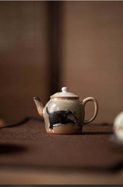 Gohobi Handmade Black Ink Hand-painted Cat Teapot 006