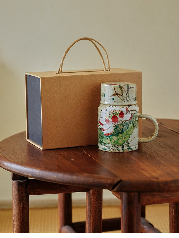 Gohobi Hand-Painted Blue and White Floral Mug with Lid Cup