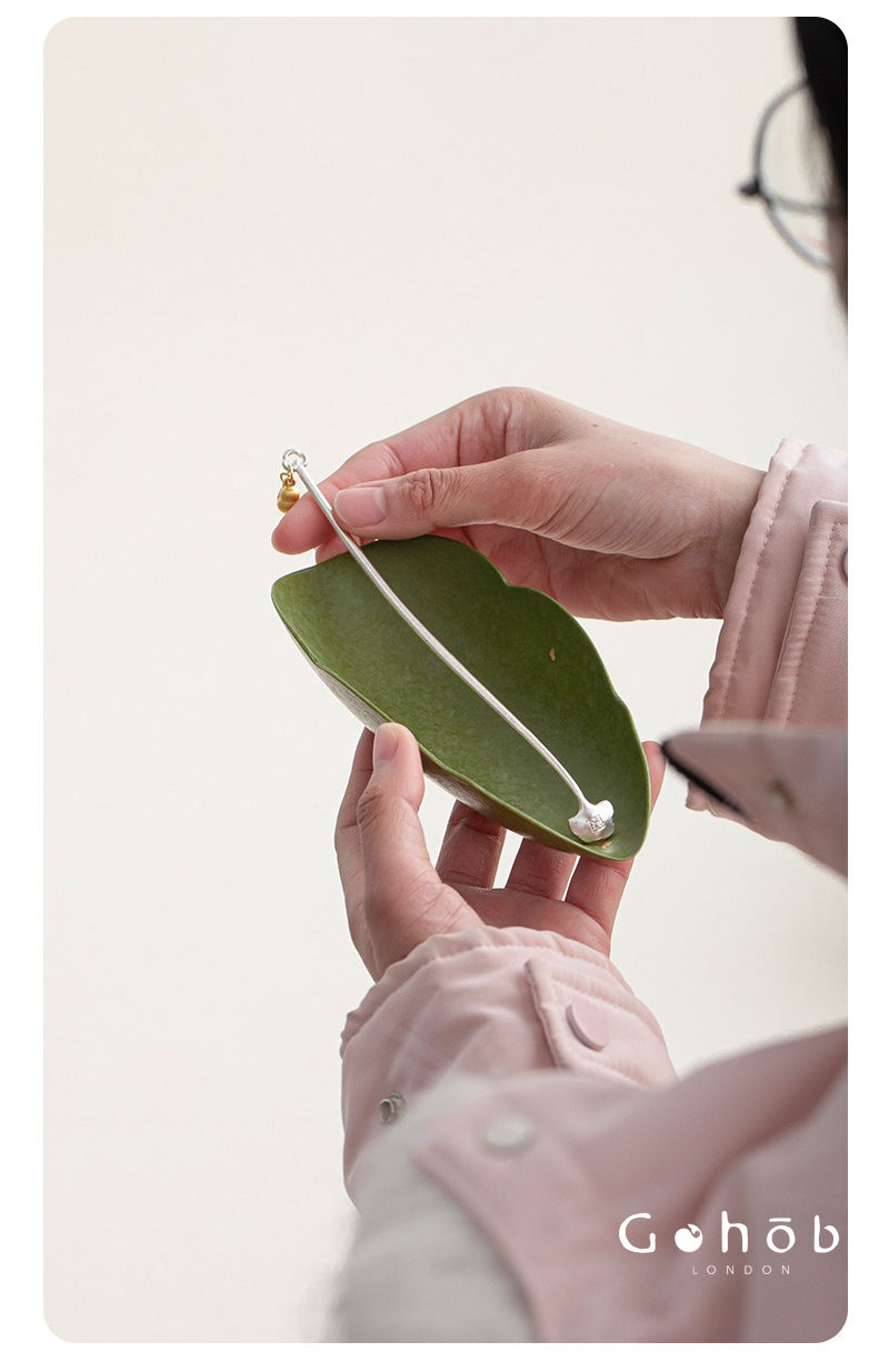 Gohobi Green Leaf Tea Spoon Set – Ceramic Gold Accent Tea Scoop and Tea Needle Set
