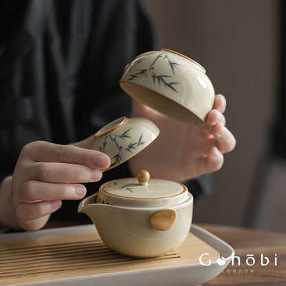 Gohobi Plant Ash Hand-Painted Travel Tea Set – Portable Gaiwan Set with Two Cups