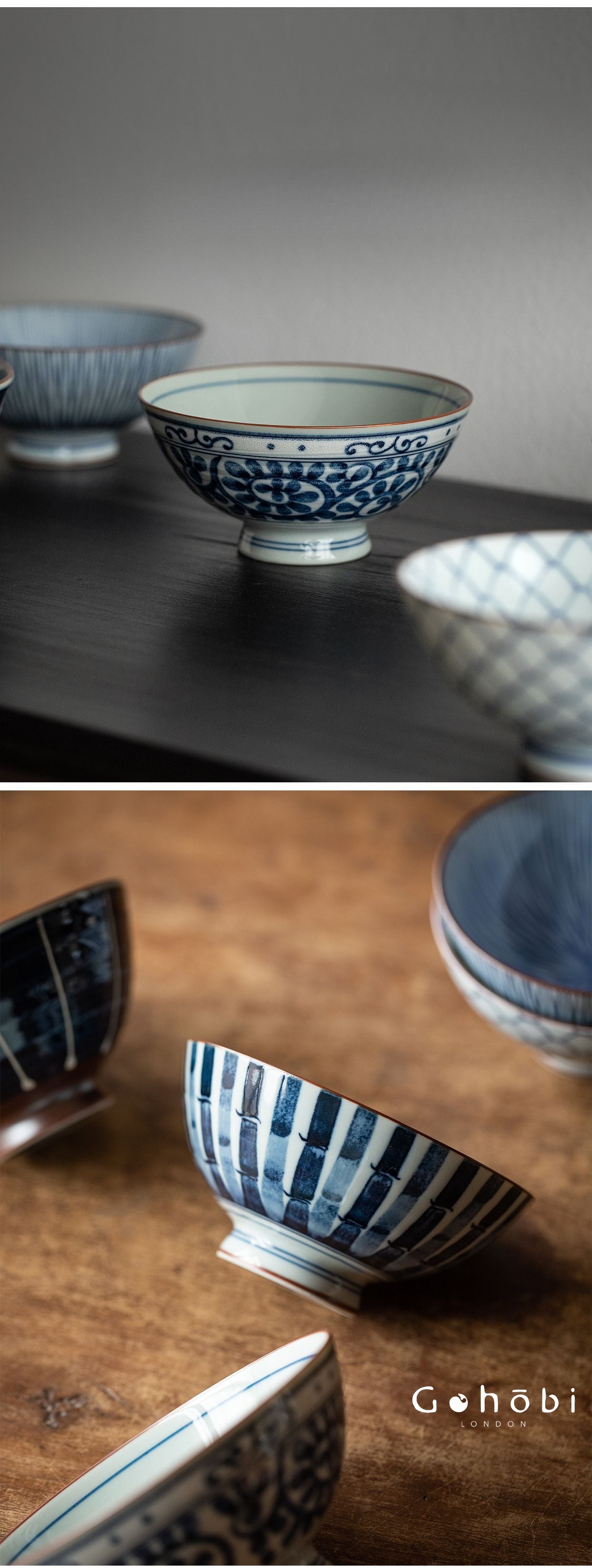 Gohobi Japanese Ancient Dyed Blue Rice Bowl – Minoya Porcelain Tableware [Made in Japan]