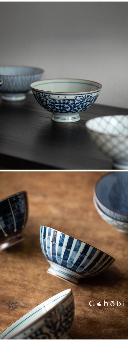 Gohobi Japanese Ancient Dyed Blue Rice Bowl – Minoya Porcelain Tableware [Made in Japan]