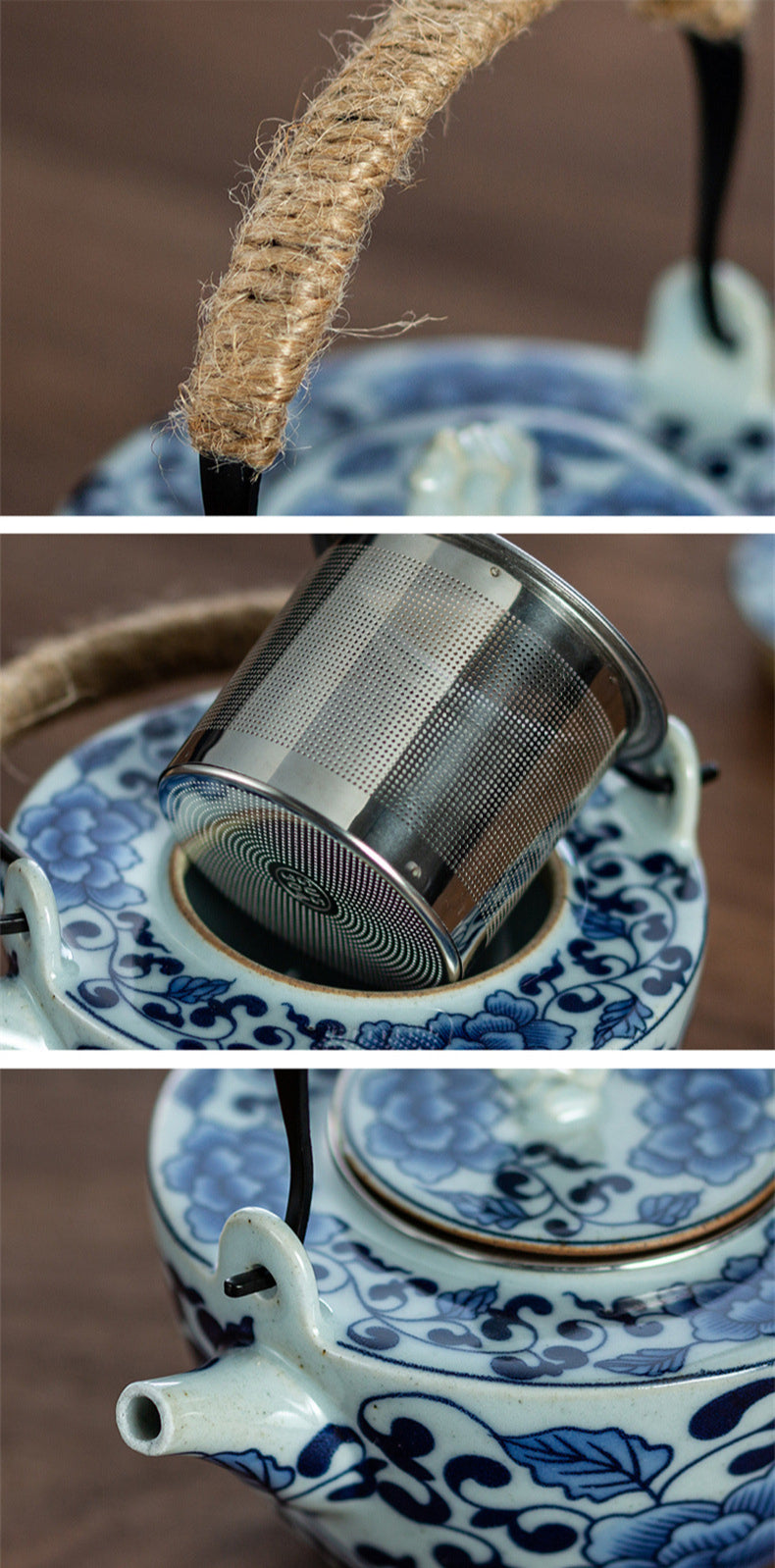 Gohobi Blue and White Porcelain Hemp Rope Handle Teapot
