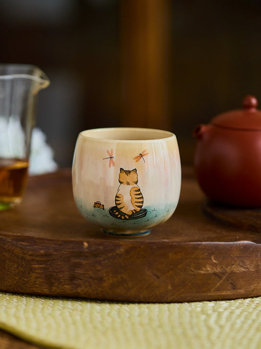 Gohobi Hand-Painted Retro Orange Cat Tea Cup