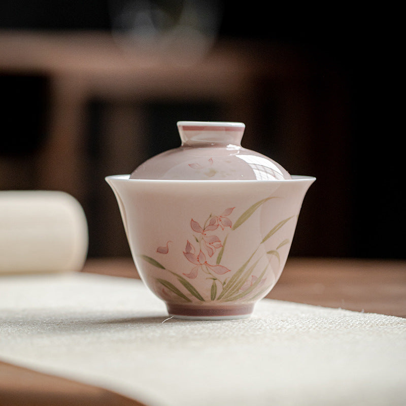 Gohobi White Porcelain Hand-Painted Orchid Gaiwan
