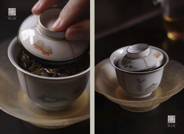 [賦山敘 x Gohobi] “Garden Offering” Green & Ink-Rimmed Gaiwan – Small Hand-Painted Ceramic Gongfu Tea Bowl for Rock Tea