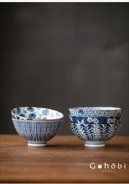 Gohobi Japanese Ancient Dyed Blue Rice Bowl – Minoya Porcelain Tableware [Made in Japan]
