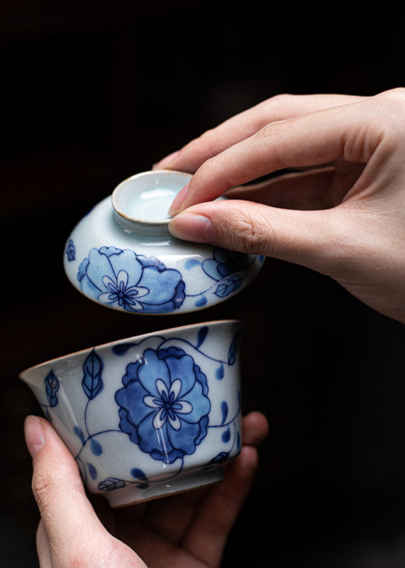 Gohobi Blue and White Lotus Gaiwan Three-Piece Set