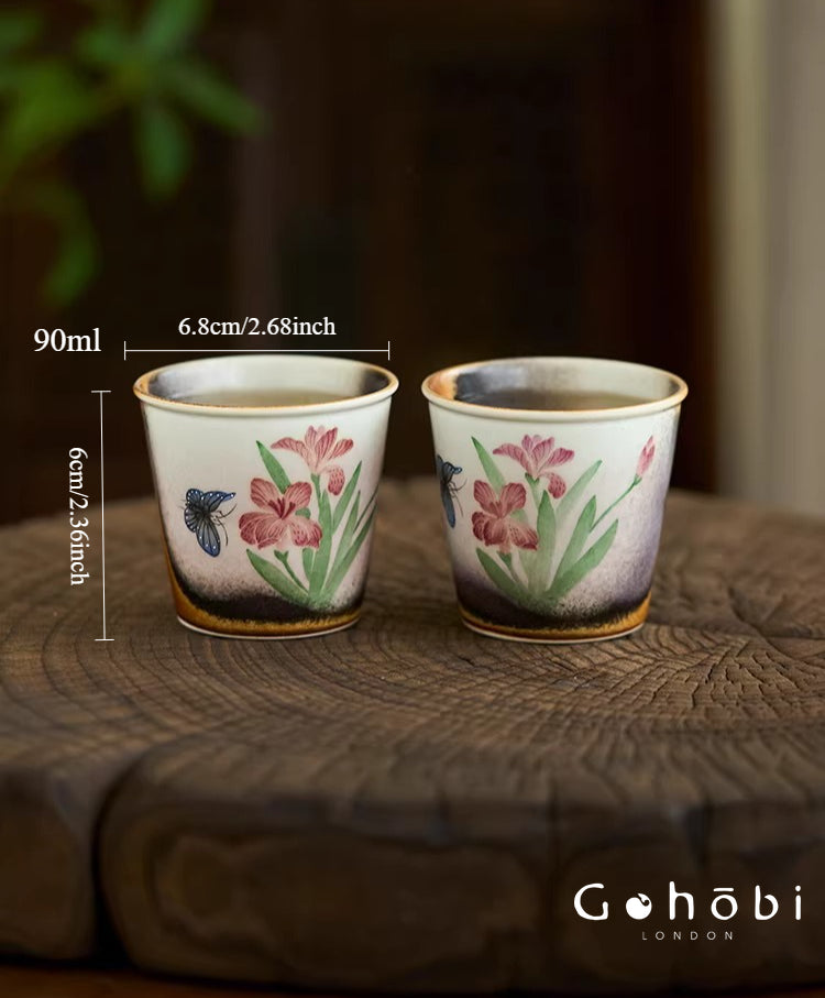 Gohobi Jingdezhen Hand-Painted Iris Teacup – Ceramic Gongfu Tea Master Cup Kiln Glaze
